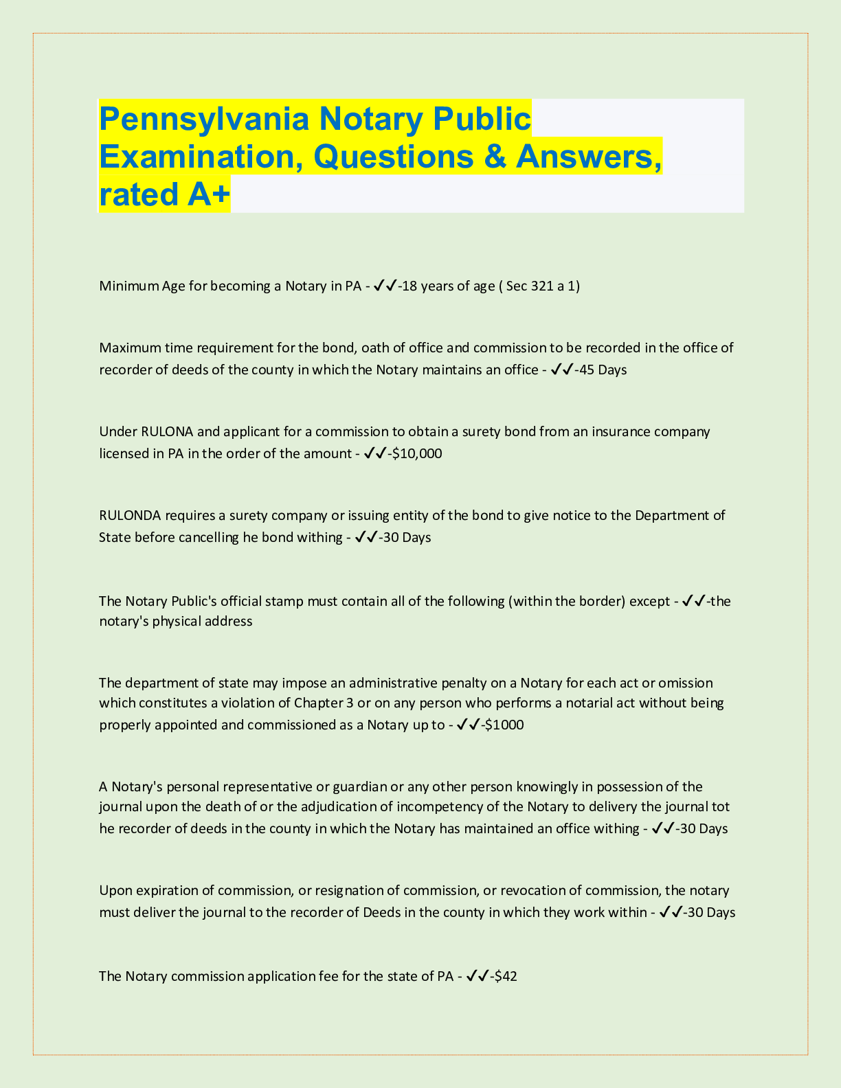 Preview image for Pennsylvania Notary Public Examination 2022/2023 with 100% correct answers
